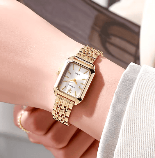 Luxury Women’s Quartz Watch – Gold-Plated Stainless Steel Square Dial, Elegant Business Fashion Watch for Ladies, Simple Scale Design, Folding Clasp Timepiece