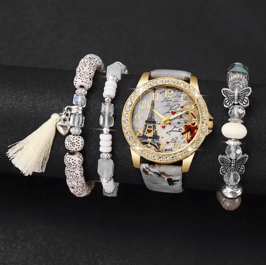 4/5PCS Women’s Fashion Watch & Bracelet Set – Floral Print Leather Band Quartz Watch with Rhinestone Accents – Elegant Ladies’ Timepiece & Jewelry Gift Set