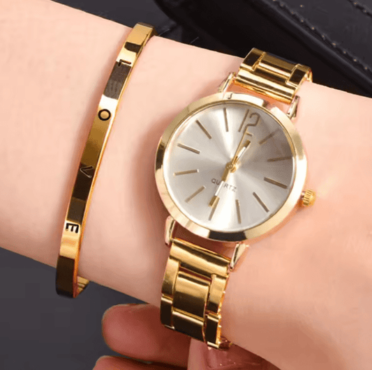 2PCS Women’s Fashion Watch & Bracelet Set – Luxury Quartz Wristwatch with Simple Dial & Hollow Strap – Elegant Gold Jewelry for Ladies & Students