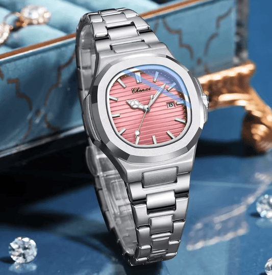 CHENXI 8222 Women’s Quartz Watch – Pink Striped Dial with Calendar & Luminous Hands – Fashion Stainless Steel Wristwatch Gift for Girls & Ladies