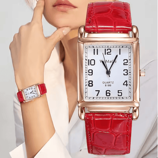 Fashion Women’s Luxury Watch – Rose Gold Metal Square Case, Rectangle Dial, Red Leather Strap – Elegant Ladies Quartz Wristwatch Female Clock