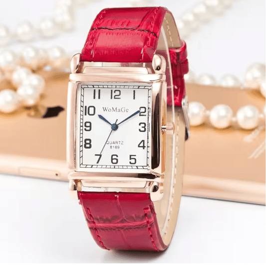 Fashion Women’s Luxury Watch – Rose Gold Metal Square Case, Rectangle Dial, Red Leather Strap – Elegant Ladies Quartz Wristwatch Female Clock