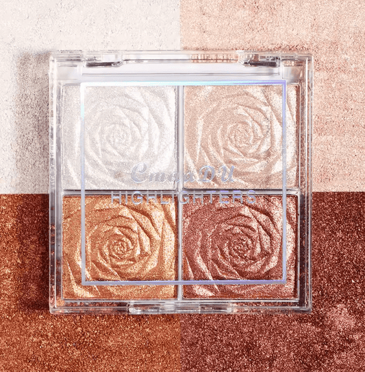 Rose Diamond Highlighter Powder Palette – 4-Color Shimmer Glow for Face & Cheeks – Glitter Contour, Brighten & Blush – Long-Lasting Makeup for Women