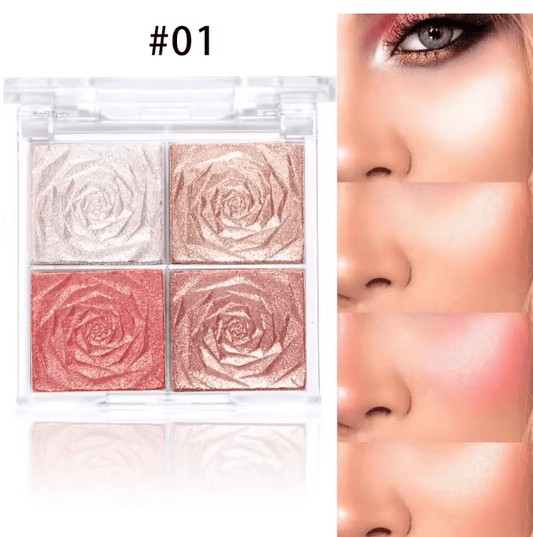 Rose Diamond Highlighter Powder Palette – 4-Color Shimmer Glow for Face & Cheeks – Glitter Contour, Brighten & Blush – Long-Lasting Makeup for Women