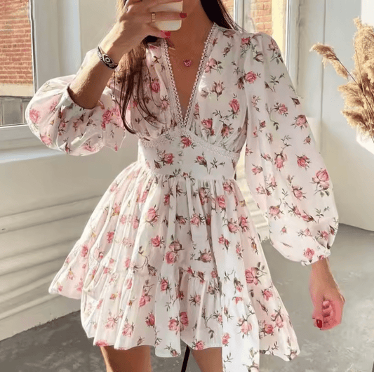 Women’s Floral Mini Dress – Long Sleeve V-Neck A-Line Dress with High Waist – Vintage Summer Autumn Beach Vacation Outfit 2025