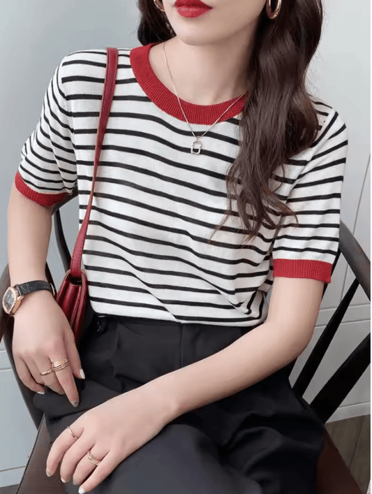 2025 Women’s Striped Knit T-Shirt – Casual Summer Short Sleeve Top with Round Neck – Soft Lightweight Printed Tee