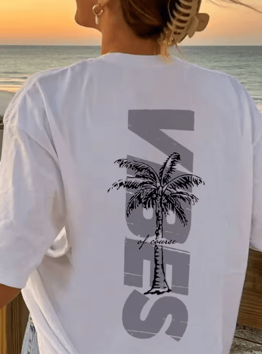 Women’s Coconut Tree & “Vibes” Graphic T-Shirt – Summer Cotton Beach Style Tee – Casual Round Neck Short Sleeve Top