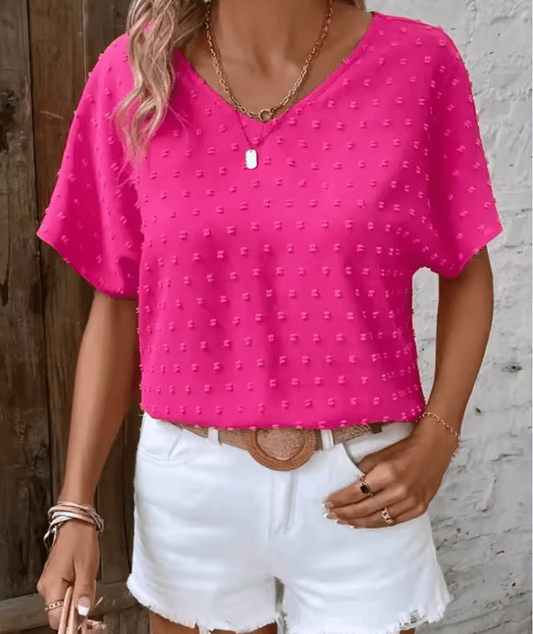 2025 Women’s Solid Color V-Neck Batwing Sleeve Shirt – Summer Casual Loose Fit Top – Fast-Selling European & American Style Tee