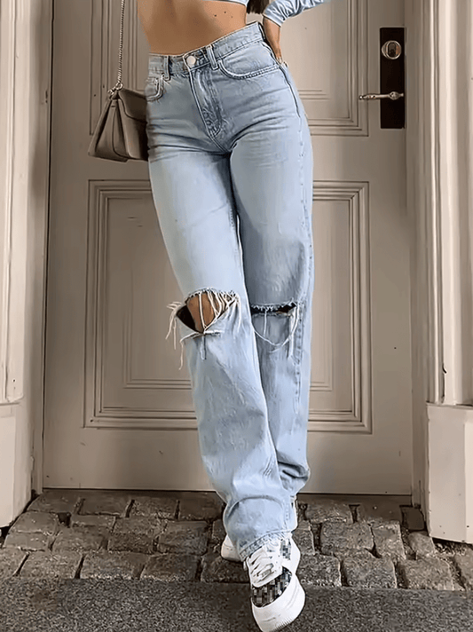 Women’s Knee-Ripped Straight Leg Jeans – Loose Fit Micro-Elastic Casual Denim Pants – Comfortable & Easy to Style