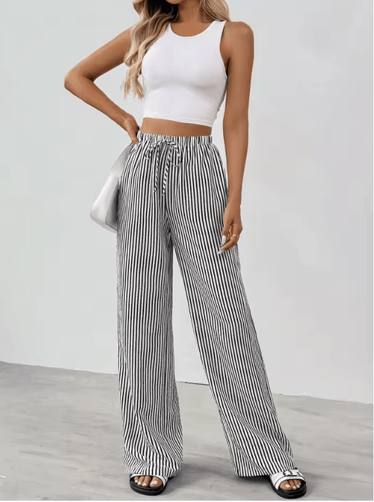 Women’s Striped Wide Leg Pants – High Waist Summer Trousers – Elegant Casual Fit, Lightweight & Flowy – European Street Style Everyday Fashion