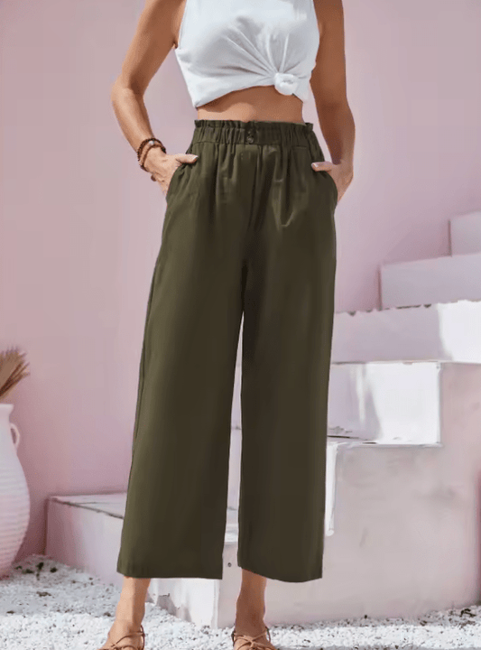 Women’s Cotton Linen Wide Leg Pants – Loose Fit Summer Trousers with High Elastic Waist & Button Detail – Lightweight Solid Color Casual Streetwear
