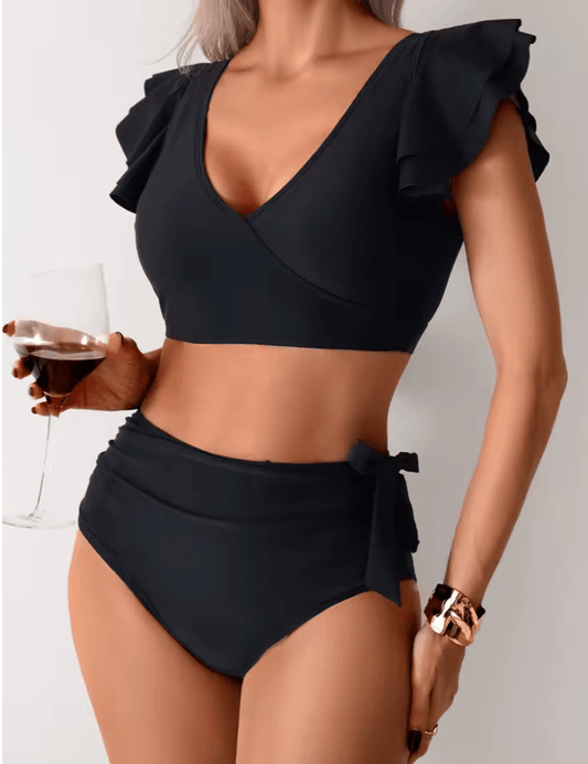 2025 Sexy High Waist Two-Piece Bikini for Women – Patchwork Ruffles Swimsuit with Hollow Design, Push Up Beachwear
