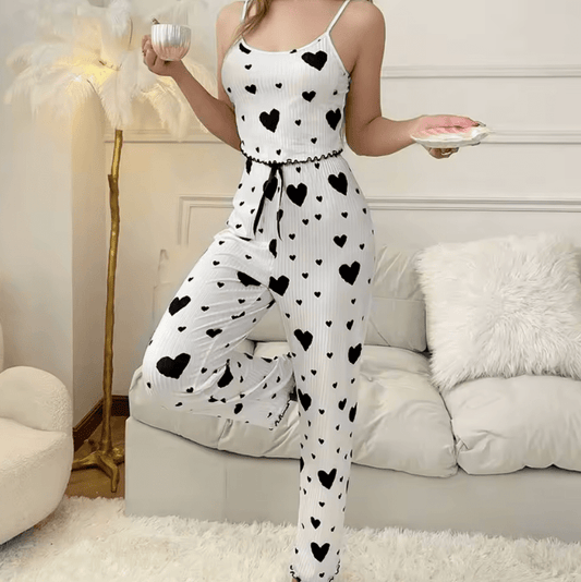 2025 Women’s Plus Size Pajama Set – 2-Piece Sleepwear with Soft Vest Top & Long Trousers – White Love Print, Breathable & Comfortable Lounge Set