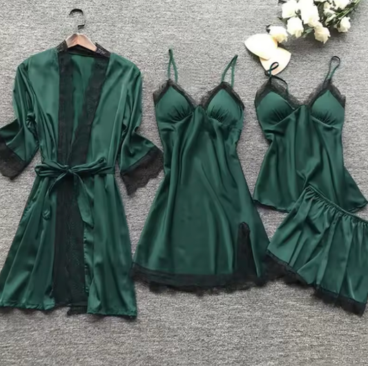 2025 Women’s 4-Piece Sexy Lace Pajama Set – V-Neck Nightgown, Robe, Shorts & Top with Chest Pads – Elegant Loungewear Sleepwear Set