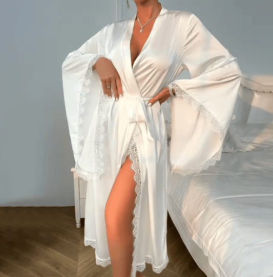 Long White Bride Wedding Robe – Elegant Women’s Kimono Sleepwear with Lace & Wide Sleeves – Full-Length Rayon Dressing Gown for Bridal Loungewear