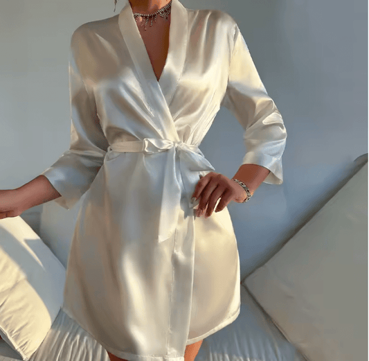 Women’s Short Satin Robe – Lightweight Silk-Like Summer Bathrobe with Lace-Up Waist – Sexy Solid Color Loungewear & Pajamas