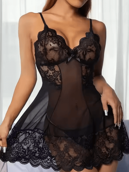 Women’s Sexy Lace Nightdress – V-Neck Chemise Sleepwear with Bow Detail – Full Slip Babydoll Lingerie Sleep Dress