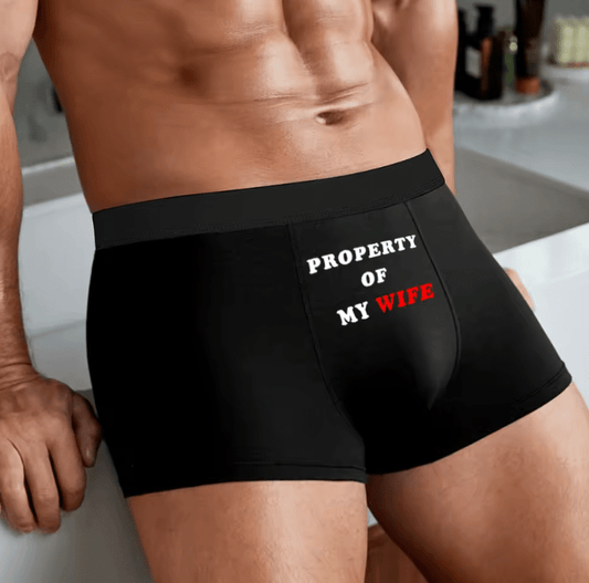 Men’s Funny Boxer Briefs – “PROPERTY OF MY WIFE” Letter Print Underwear – Breathable Cotton Boxer Shorts (M/L/XL)