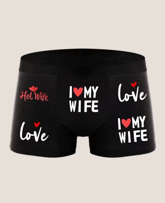 Men’s Funny Boxer Briefs – Playful “I LOVE MY WIFE” Letter Print Panties, Breathable Soft Underwear, Comfy Low-Rise Underpanties, Gag Gift Shorts