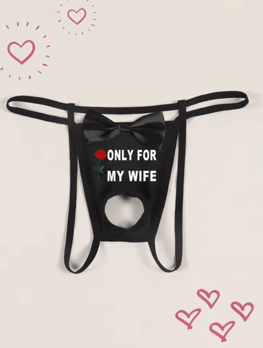 Men’s Sexy Thong with Rose & Letter Print – Hollow Out Underwear with Bow Decoration, Comfortable Low-Rise Underpanty Lingerie for Him