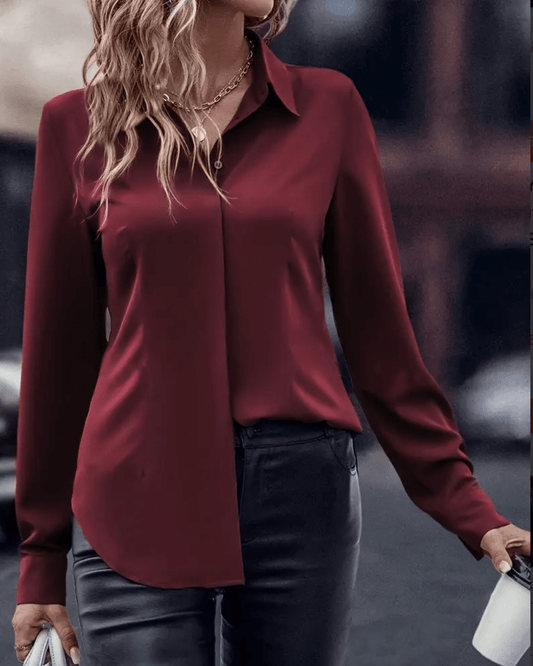 Women’s Solid Color Woven Shirt – Casual Polyester Blouse with Lapel Collar & Invisible Buttons