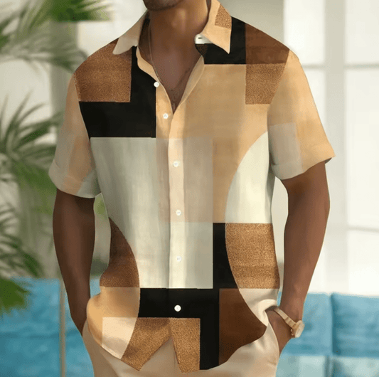 Vintage Men’s Lapel Shirt – Oversized Classic Stripe Printed Short Sleeve Casual Summer Top