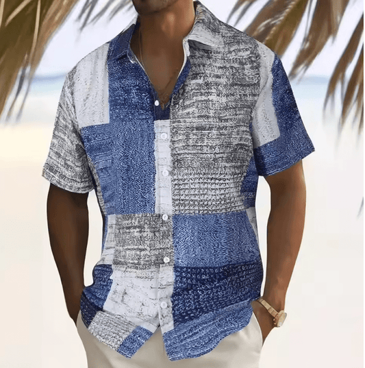 Men’s Casual Patchwork Print Short Sleeve Shirt – Comfortable Cotton Button-Up with Floral Pattern for Spring & Autumn