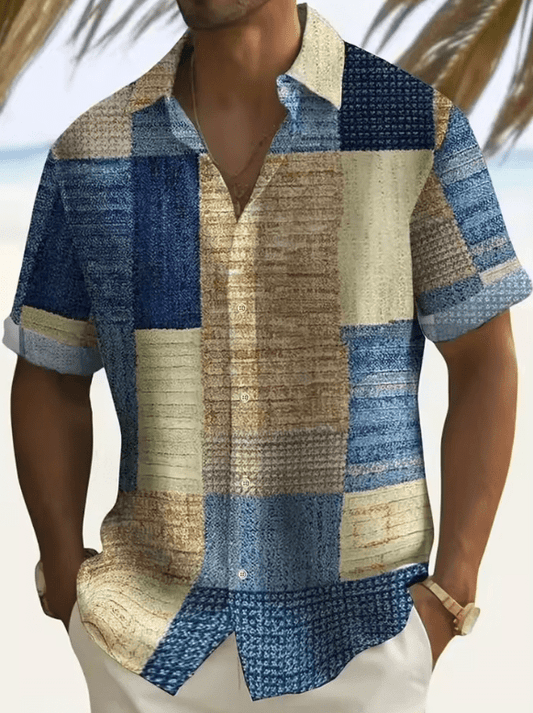 Men’s Casual Patchwork Print Short Sleeve Shirt – Comfortable Cotton Button-Up with Floral Pattern for Spring & Autumn