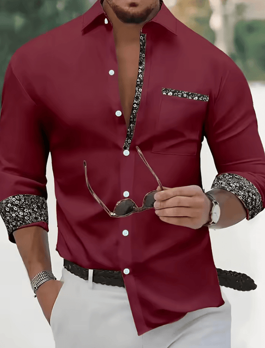 Men’s Long Sleeve Autumn Winter Shirt – Solid Color with Floral Splicing, Casual Fit, Soft Comfortable Fabric, Stylish Printed Design