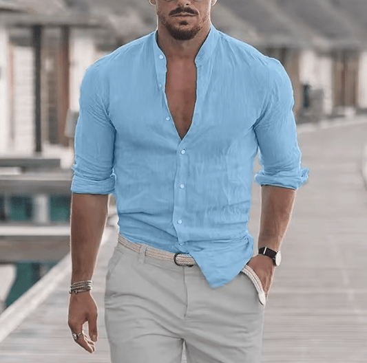 Men’s Cotton Linen Long Sleeve Shirt – Solid Color, Mock Neck, Oversized Fit, Lightweight Fashion Top