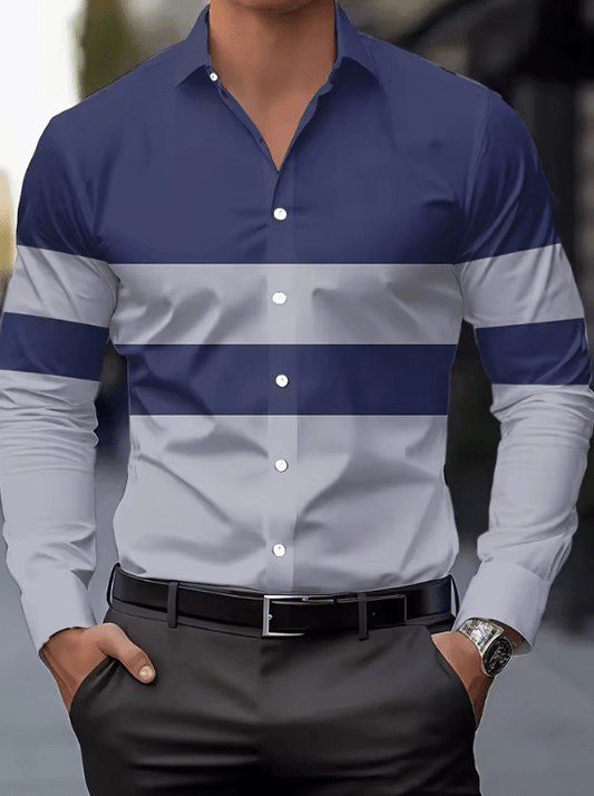 Men’s Color Block Button-Up Dress Shirt – Long Sleeve Casual Formal Shirt with Lapel Collar, Simple Modern Design