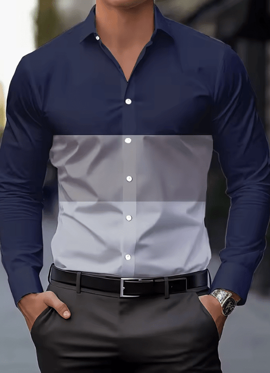 Men’s Color Block Button-Up Dress Shirt – Long Sleeve Casual Formal Shirt with Lapel Collar, Simple Modern Design