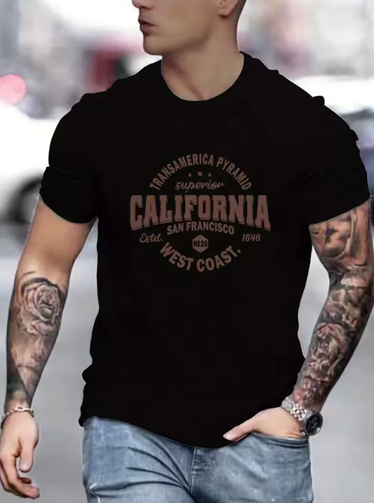 Men's Casual Sports Loose California West Coast Trend Printed Cotton Plus Size Round Neck Short Sleeve T-Shirt Top