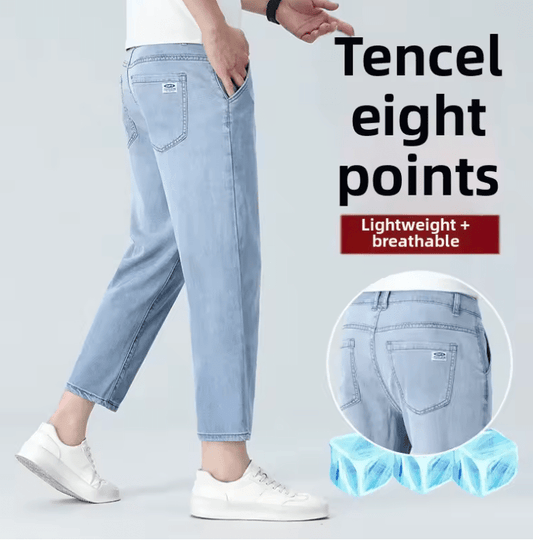 Men’s Slim Fit Lyocell Jeans – Summer Lightweight Elastic Stretch Pants, Breathable Thin Straight Leg Nine-Point Casual Trousers