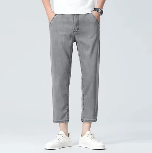 Men’s Slim Fit Lyocell Jeans – Summer Lightweight Elastic Stretch Pants, Breathable Thin Straight Leg Nine-Point Casual Trousers
