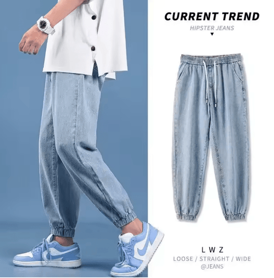 Men’s Casual Mid-High Waist Jeans – Elastic Waist, Washed Vintage Loose Fit, Cuffed Nine-Point Pants for Teens & Adults