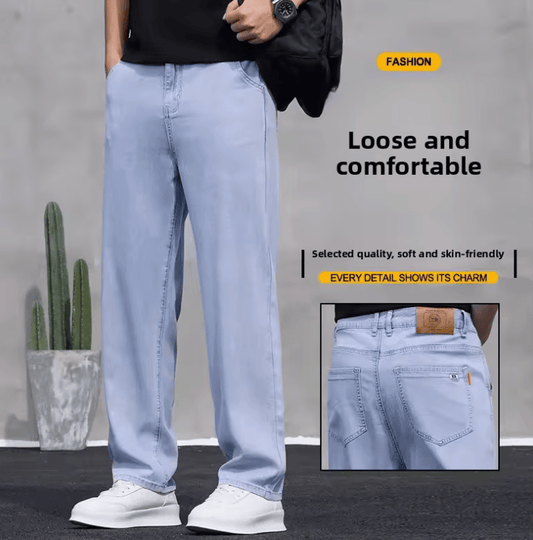 Men’s Business Casual Loose Jeans – Spring/Autumn Silk-Drape Straight Leg Pants, Comfortable & Fashionable Office Trousers