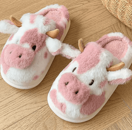 Fluffy Cartoon Cow Slippers for Women – Winter Plush Home Slides | Cute Fuzzy Flat Platform Shoes
