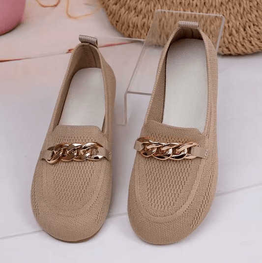 2025 Women’s Casual Knitted Shoes – Round Toe Slip-On Loafers with Metal Chain | Spring & Autumn Comfort Flats