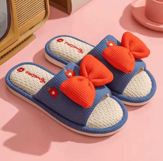 Ladies’ Summer Linen Slippers – Cute Cartoon Bow, Anti-Slip Indoor Shoes