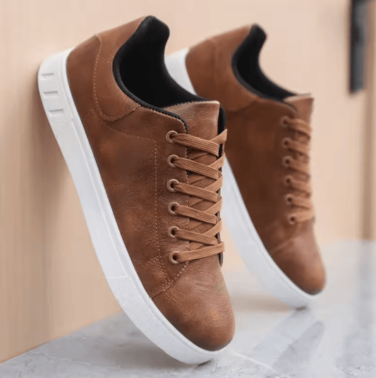 Men’s Classic Leather Sneakers – Thick Sole, Casual Lace-Up, Anti-Slip Vulcanized Walking Shoes