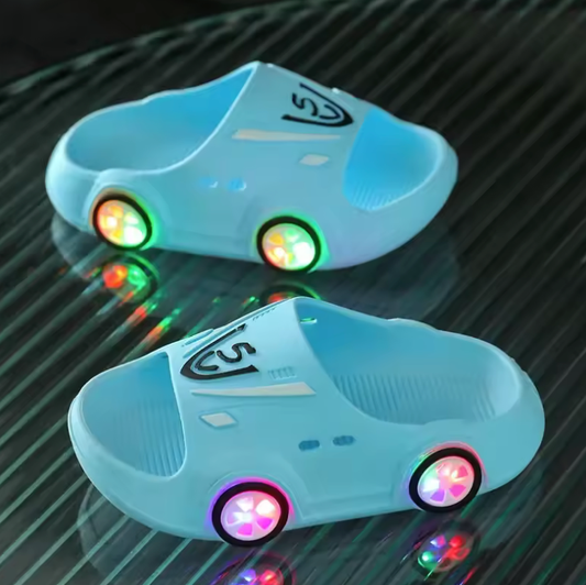 Kids’ LED Cartoon Car Slippers – Non-Slip Light-Up Indoor & Beach Shoes | Soft Sole Sandals for Boys & Girls