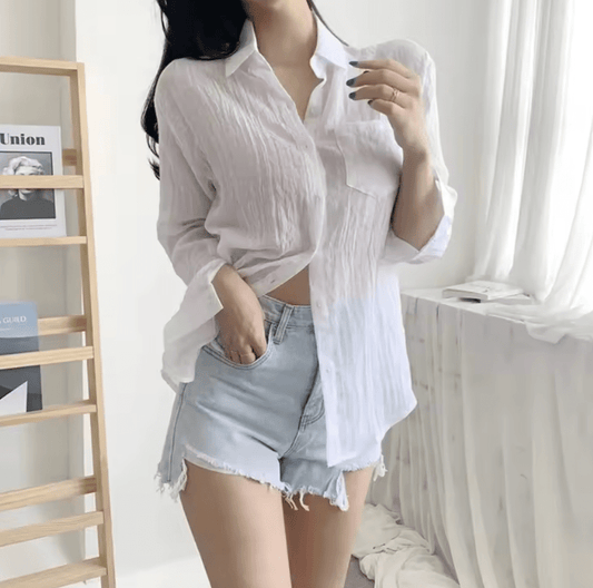 Korean Chic Women’s Summer Shirt – Ice Cream Color, Lightweight Long Sleeve, Slim Fit, Sun Protection, Polo Collar