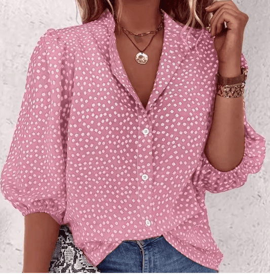 Loose Women’s Summer Shirt – Half Sleeve, Button-Decorated, Flock Pattern, Fashionable Cardigan-Style for Commuting