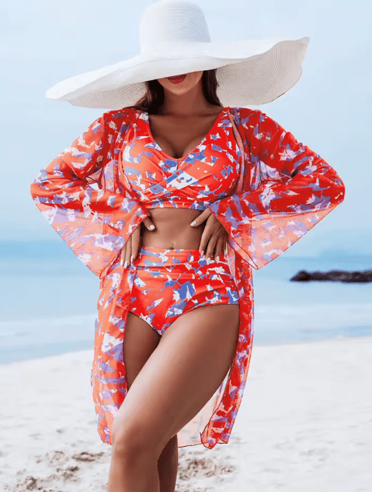 High-End Women’s Sexy Bikini 3-Piece Swimsuit Set – Elegant Divided Swimwear with Cover-Up, Stylish Beach Outfit for Ladies