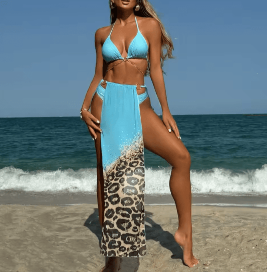 Leopard Print Bikini 3-Piece Set for Women – Sexy Swimsuit with Long Sheer Net Skirt Cover-Up | Hot Sale of the Season, 2025 New Edition