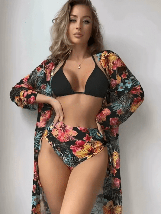 Hot Sale Women’s 3-Piece Bikini Set – Printed Swimsuit with Elegant Lace Cover-Up | Fashionable Summer Swimwear 2025