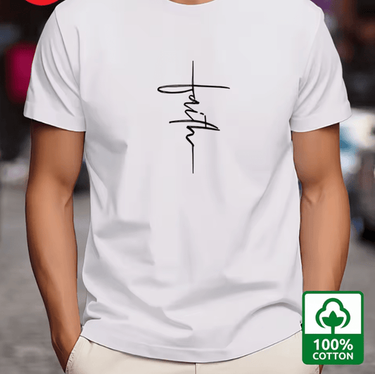 Men’s 100% Cotton Summer T-Shirt – Loose Fit “Faith” Print Short Sleeve Tee – Casual Sport Style, Round Neck Breathable Top for Daily Wear & Street Fashion