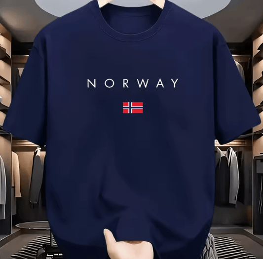 Men’s 100% Cotton Summer T-Shirt – Loose Fit “NORWAY” Print Short Sleeve Tee – Fashionable Casual Sports Top – Breathable Round Neck Streetwear Style