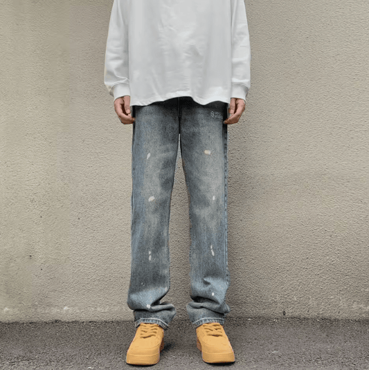 Men’s Extended-Length Straight-Leg Jeans – Paint Splatter Washed Denim, High Street Retro Style
